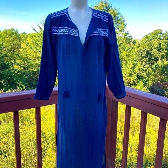 Land’s End Swim Coverup long sleeve sheer tassels embroidered modest Navy Small - Picture 2 of 16